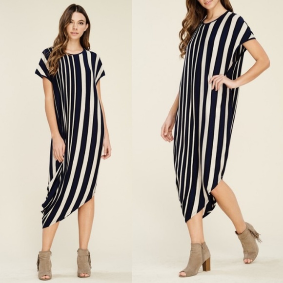 Dresses & Skirts - Happy Stripes Short Sleeve Asymmetrical Dress